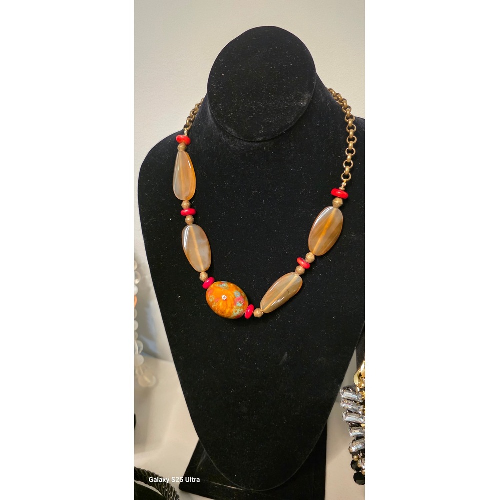 Statement Necklace Artisan Hand Blown Glass Brass Chain Women Orange Red Brown